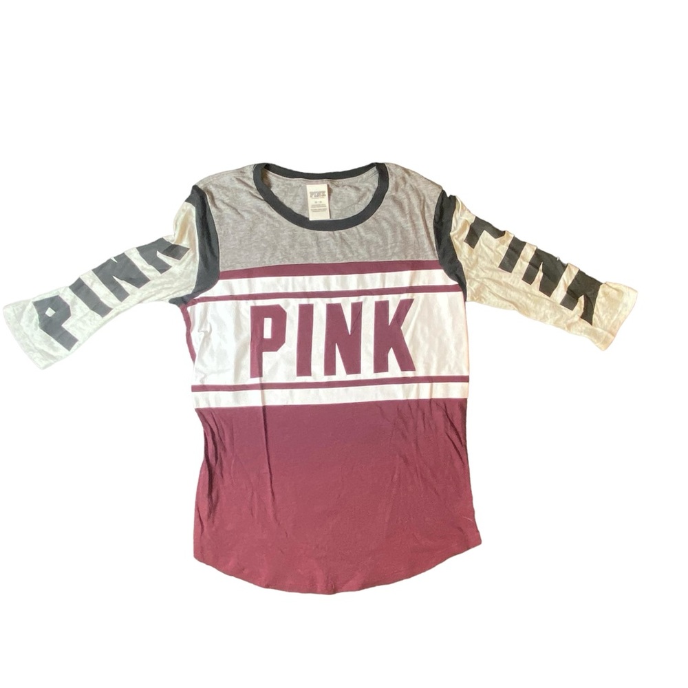 PINK Women‎ Top Large White & Maroon T-Shirt Logo Spellout Size Medium